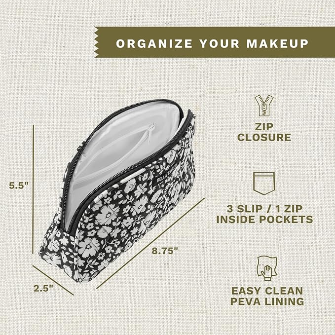 Bella Taylor Large Quilted Cotton Makeup Pouch for Women, Travel Cosmetic Bag, Quilted Cotton Bicolor Floral Black and Cream