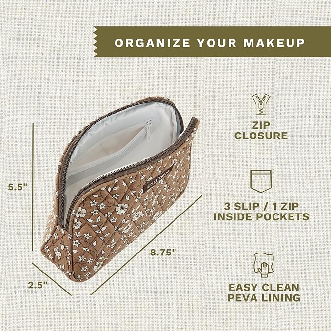 Bella Taylor Large Quilted Cotton Makeup Pouch for Women, Travel Cosmetic Bag, Quilted Cotton Vintage Vine Brown Floral