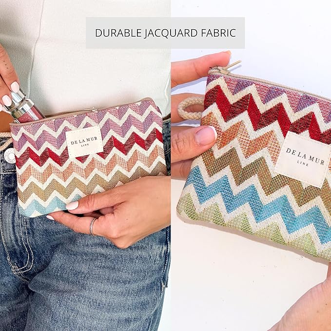 Medium Chevron Travel Size Toiletries Makeup Pouch – Travel Cosmetic Bag, Toiletry Organizer & Coin Purse for Women, Perfect Gifts for Her, Zipper Makeup Bag, Made in Barcelona, Spain