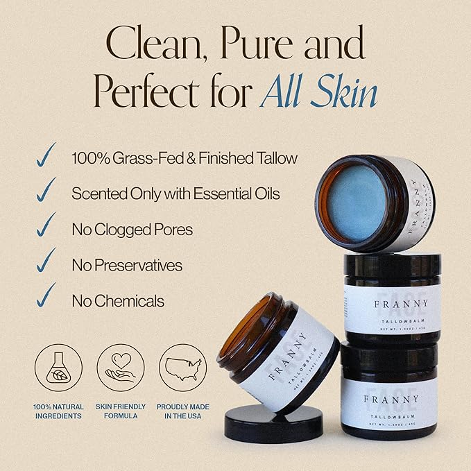 Beef Tallow For Face & Body | Grass Fed & Finished Beef Tallow Balm Infused with Essential Oils (Lavender, Jojoba, Blue Tansy) | Face Moisturizer to Revitalize and Nourish Skin - 2 oz