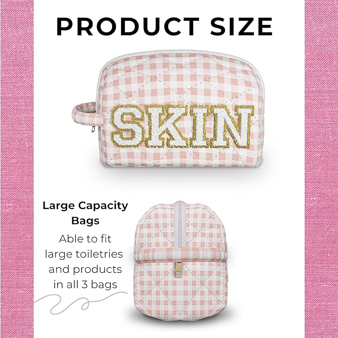3pc Checker Makeup Cosmetic Bag Preppy Patch Travel Pouch for Women Chenille Letter Patch Small Portable Cosmetic Bag (Pink & White) (Bag With Handle)