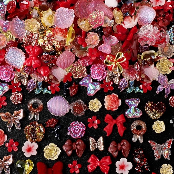 110 Pieces 3D Nail Charms for Acrylic Nails, Camellia Rose Flower Butterfly Bowknot Heart Bear Rabbit Star Charms for Nail Art Designs DIY Accessories Craft(Red+2)