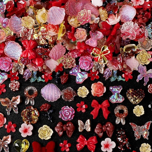 110 Pieces 3D Nail Charms for Acrylic Nails, Camellia Rose Flower Butterfly Bowknot Heart Bear Rabbit Star Charms for Nail Art Designs DIY Accessories Craft(Red+2)