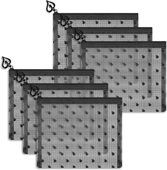 6 Pack Mini Zipper Mesh Makeup Bags, Heart Print Nylon Cosmetic Bags Toiletry Bags for Office Travel Organization (Black, S)