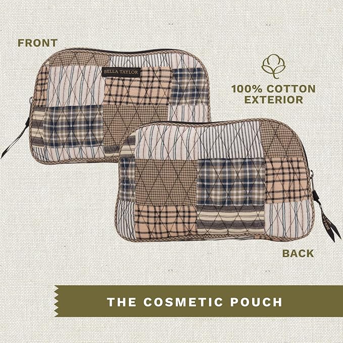 Bella Taylor Large Quilted Cotton Makeup Pouch for Women, Travel Cosmetic Bag, Quilted Cotton Ashmont Tan, Grey and Cream Patchwork
