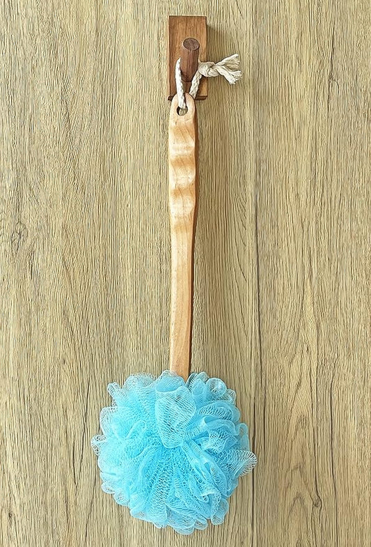Shower Loofah Body & Back Scrubber - Exfoliating Loofah luffa Bath Brush On a Stick - with Long Wooden Handle Back Brush for Men & Women - Easy Reach Body Wash & Lotion Applicator（ 2 Pack- Blue）
