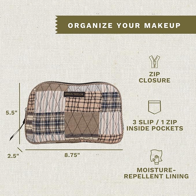 Bella Taylor Large Quilted Cotton Makeup Pouch for Women, Travel Cosmetic Bag, Quilted Cotton Ashmont Tan, Grey and Cream Patchwork