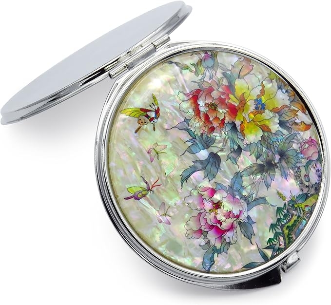 MADDesign Mother of Pearl Compact Makeup Mirror Folding Magnify Butterfly Flowers Pink Yellow