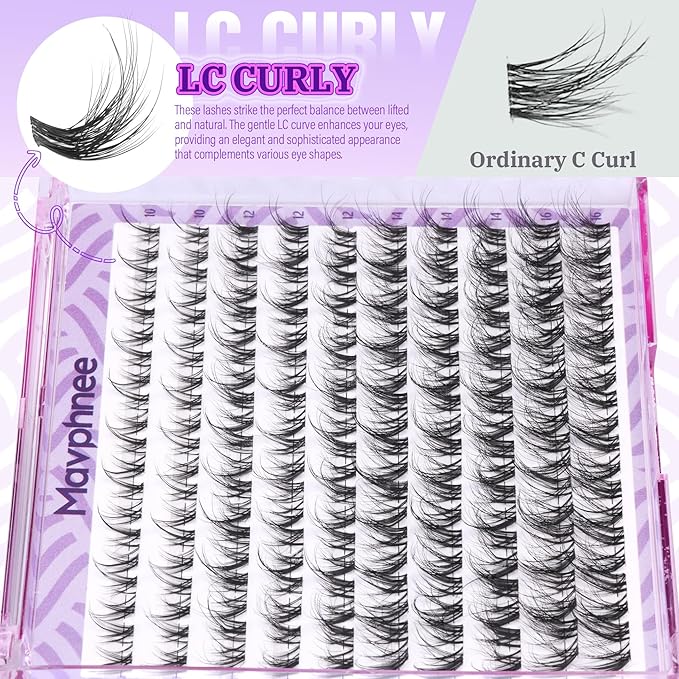 Mavphnee Lash Clusters Wispy Cluster Eyelash Extensions Natural Lash Individuals 10-16MM Mixed Clear Band Eyelashes Clusters LC-Curly Cluster Lashes 100 Pcs DIY at Home Soft Individual Eyelashes Pack