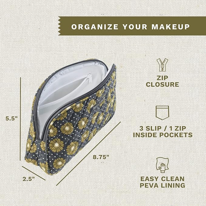 Bella Taylor Large Quilted Cotton Makeup Pouch for Women, Travel Cosmetic Bag, Quilted Cotton Dotted Daisy Charcoal Floral