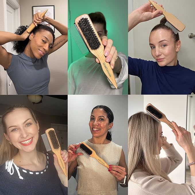 GranNaturals Boar Bristle Slick Back Hair Brush w/Comb for Smoothing Sleek Ponytail Bun - Wide Rat Tail & Metal Comb Hairbrush for Parting, Teasing, Backcombing, Sectioning, Edge Control, Flyaways