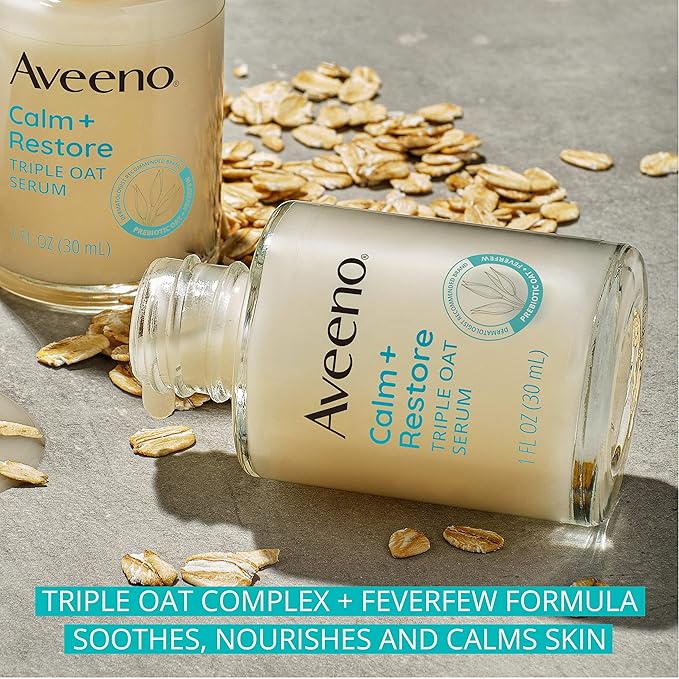 Aveeno Calm + Restore Triple Oat Hydrating Face Serum for Sensitive Skin, Gentle, Lightweight Facial Serum Instantly Smooths Skin, Fast-Absorbing, Hypoallergenic & Fragrance-Free, 1 fl. oz
