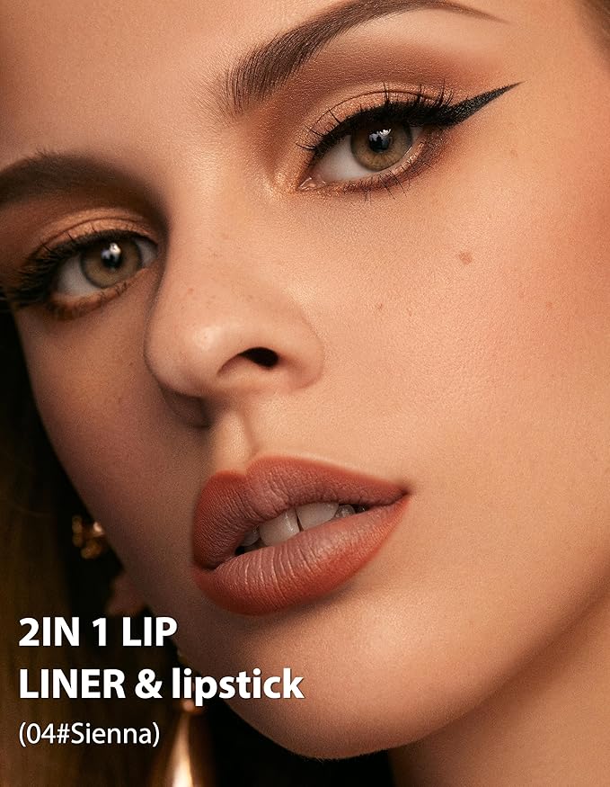 2-in-1 Lip Liner and Lipstick Lip Combo Set, Matte Nude Dark Brown Red Lip Liners, High Pigmented Long Lasting Waterproof Smudge Proof Crayon Makeup 04#