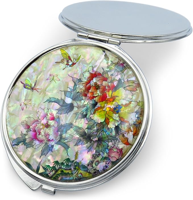 MADDesign Mother of Pearl Compact Makeup Mirror Folding Magnify Butterfly Flowers Pink Yellow
