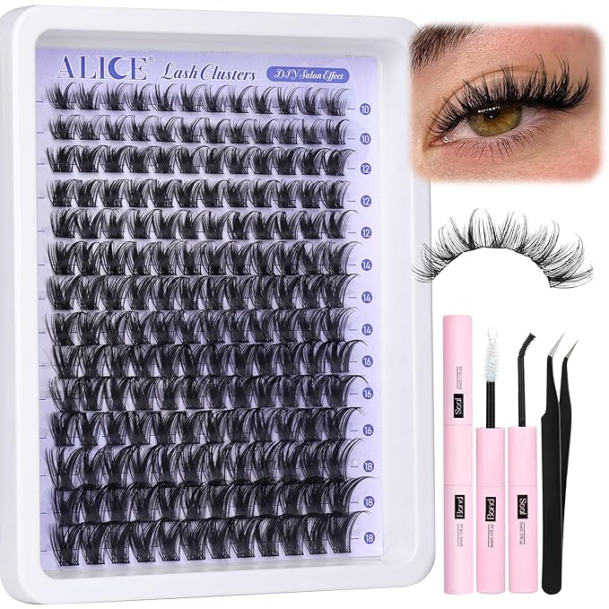 ALICE Lash Clsusters Kit Wispy Cluster Eyelash Extension Kit 168pcs 10-18mm Natural Lash Extension Kit Thin Band Individual Lashes Kit with Lash Glue Bond and Seal DIY at Home