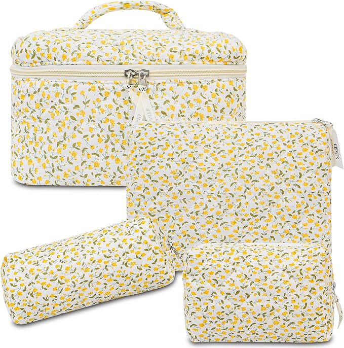 4Pcs Quilted Makeup Bag Set Cute Floral Cosmetic Bag Cotton Coquette Make up Bag Aesthetic Travel Toiletry Bag for Women Girls