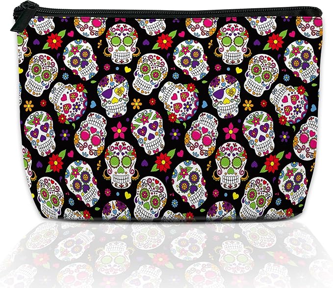 Makeup Bag Day of the Dead Sugar Skull Cosmetic Bag for Women, Waterproof Large Capacity Travel Organizer 9.5×5.9 Inch