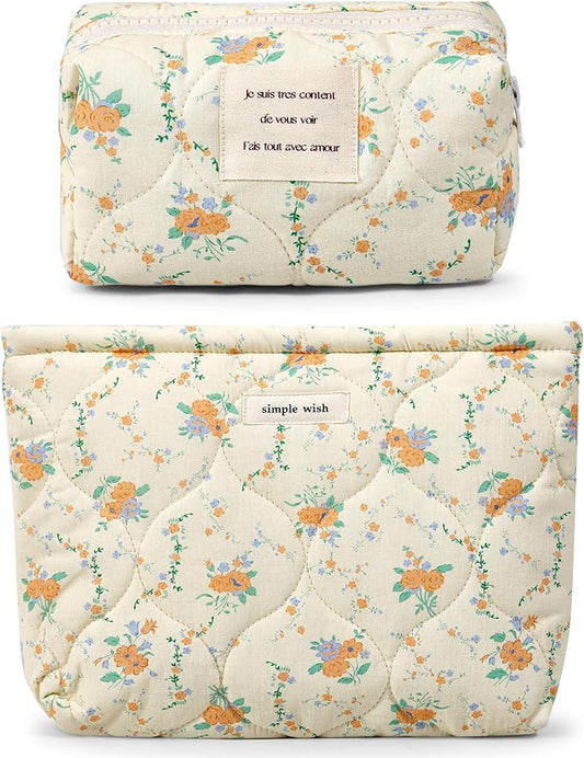2 Pieces Floral Makeup Bag, Cute Travel Quilted Pouch Cosmetic Bag Organizer, Small Cotton Coquette Aesthetic Purse Toiletry Bag for Women Girls accessories (2PCS-Beige Floral)