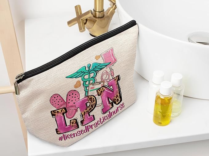 Ayxvt LPN Licensed Practical Nurse Cosmetic Bag,Retro Gorgeous Pink Leopard Clipart Decorative Women's Makeup Bag Zipper Pouch Travel Toiletry,Nurse's Day Nurse Graduation Gifts for Nurse Women Girls