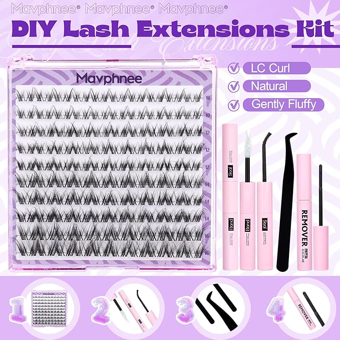 Mavphnee Lash Clusters Wispy Cluster Eyelash Extensions Natural Lash Individuals 10-16MM Mixed Clear Band Eyelashes Clusters LC-Curly Cluster Lashes 100 Pcs DIY at Home Soft Individual Eyelashes Pack