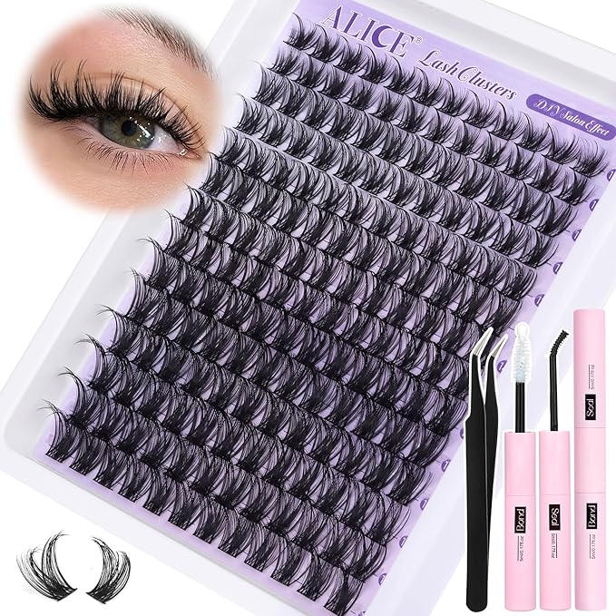 ALICE Lash Clsusters Kit Wispy Eyelash Clusters Kit Cluster 10-18mm Natural Eyelash Extension Kit 168pcs Thin Band Individual Lashes Kit with Lash Glue Bond and Seal DIY at Home