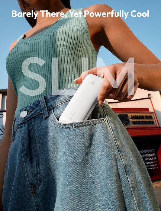Aecooly Slim Portable Fan, Thin Handheld Fan, USB Rechargeable Mini Personal [24H Max Cooling Time], Battery Powered Small Foldable Pocket for Travel, Summer, Gifts for Women, Girls -White