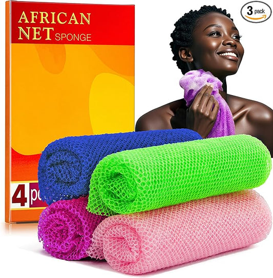 4 Pieces African Net Sponge – Deep Exfoliating Mesh Bath Scrubber for Silky Smooth Skin, Quick Drying & Long-Lasting, Great for Full Body & Back Scrubbing（Purple Green Blue Pink）