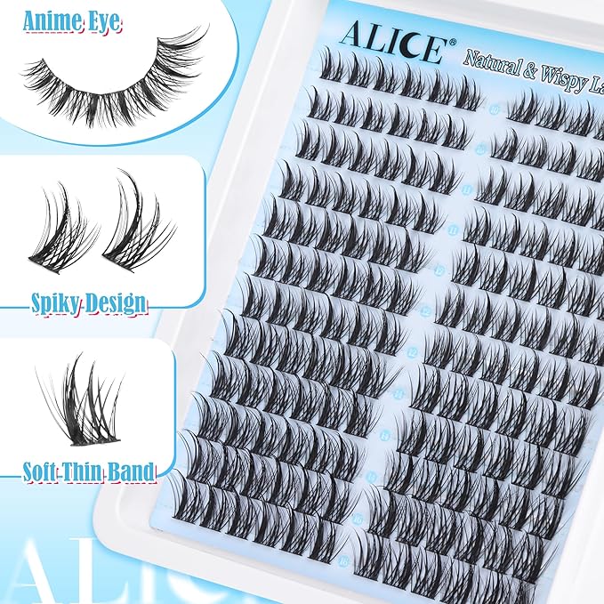 ALICE Natural Lash Clusters Kit Cluster Eyelash Extension Kit Left & Right Fluffy Wispy DIY Lash Extension Kit 144pcs 3D Anime C-Curly Eyelash Clusters Kit with Lash Glue Bond and Seal and Tweezers
