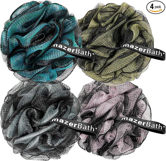 AmazerBath Charcoal Loofah Sponge, Shower Loofah 60g/PCS - Body Scrubber Loofa Set of 4 - Charcoal Blue, Gray, Pink & Army Green, Bath Sponge for Men and Women