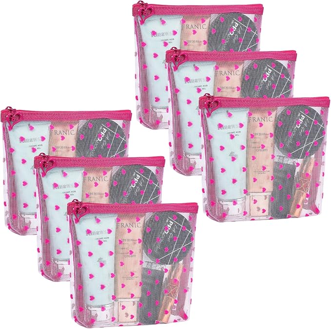 6 Pack Mini Zipper Mesh Makeup Bags, Heart Print Nylon Cosmetic Bags Toiletry Bags for Office Travel Organization (Widened-Hot Pink, S)