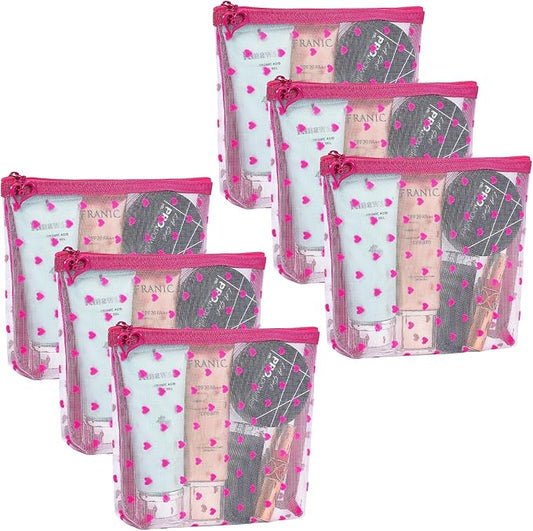 6 Pack Mini Zipper Mesh Makeup Bags, Heart Print Nylon Cosmetic Bags Toiletry Bags for Office Travel Organization (Widened-Hot Pink, S)