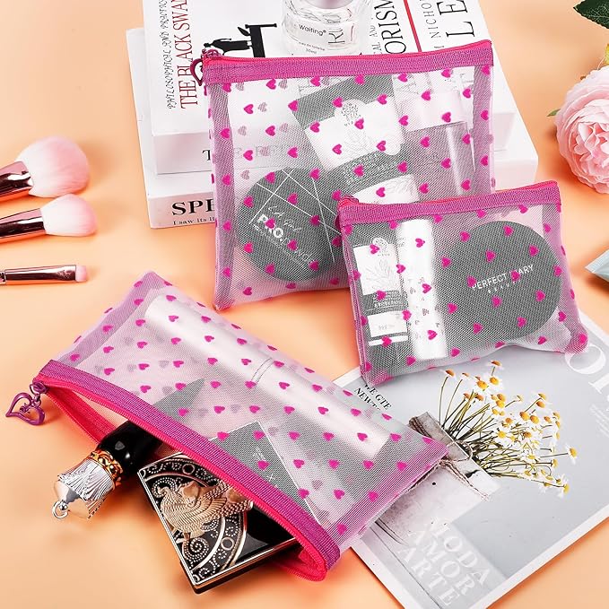 6 Pack Mini Zipper Mesh Makeup Bags, Heart Print Nylon Cosmetic Bags Toiletry Bags for Office Travel Organization (Hot Pink, M)