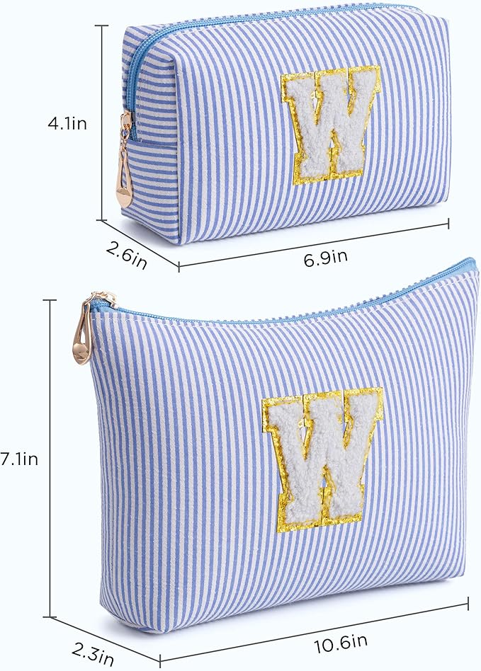 Blue Personalized Initial Makeup Bag Set, Cute Preppy Travel Toiletry Cosmetic Bags, Small Make Up Pouch, Birthday Gifts for Women, Girls, Friends, (W)