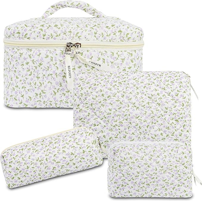 4Pcs Quilted Makeup Bag Set Cute Floral Cosmetic Bag Cotton Coquette Make up Bag Aesthetic Travel Toiletry Bag for Women Girls