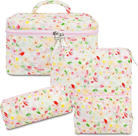 4Pcs Quilted Makeup Bag Set Cute Floral Cosmetic Bag Cotton Coquette Make up Bag Aesthetic Travel Toiletry Bag for Women Girls