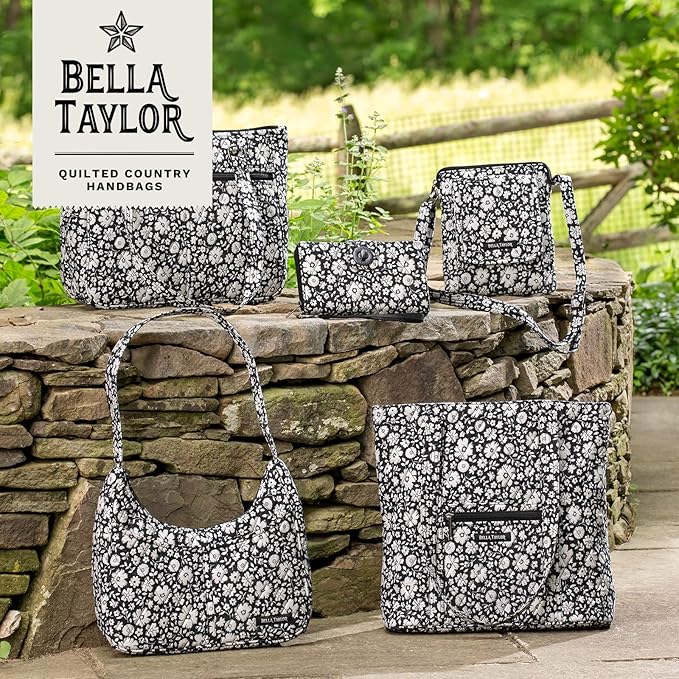 Bella Taylor Large Quilted Cotton Makeup Pouch for Women, Travel Cosmetic Bag, Quilted Cotton Bicolor Floral Black and Cream