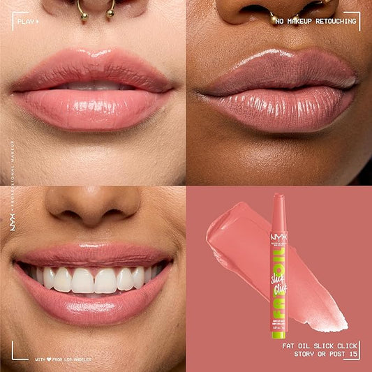 NYX PROFESSIONAL MAKEUP Fat Oil Slick Click, Lightweight, Buildable Pigmented Vegan Lip Balm - Story or Post (Peach)