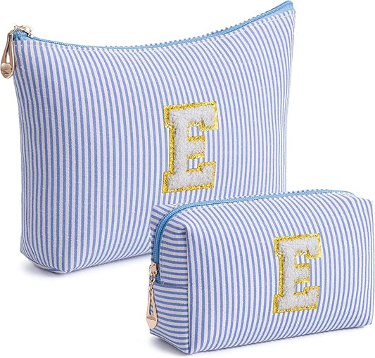 Blue Personalized Initial Makeup Bag Set, Cute Preppy Travel Toiletry Cosmetic Bags, Small Make Up Pouch, Birthday Gifts for Women, Girls, Friends, (E)