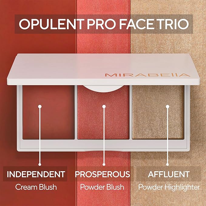 Mirabella Opulent Pro Face Trio Powder and Cream Blush Palette with Powder Highlighter, Lightweight & Buildable Color Blush for Cheeks Creates a Flawless, Radiant Look for All-Over Multi-Use