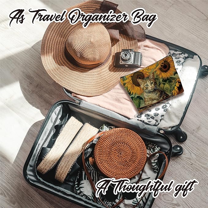 Animals Makeup Bag - Cat In The Garden - Sunflower & Cat Drawing Theme Cosmetic Bag, Toiletry Bag, Gift For Girls, Besties, Personal Care & Accessories - A25