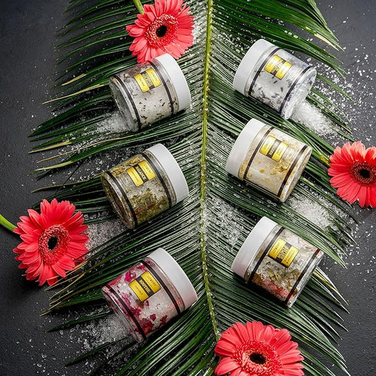 Bath Salts Christmas Gift Set with Lavender, Arabica Coffee, Mango, Sugar, Himalayan & Coconut, 6pc Bath Soaks, Relaxing Spa Salt with Essential Oils, Vitamin E, Jojoba Oil, Shea Butter, Fresh Herbs